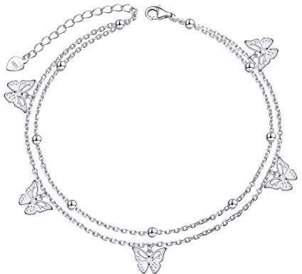 HOOHWE Fußkettchen für Damen 925 Sterling Silber Schmetterling Fußkettchen Doppelschichtig mit Perlen Verstellbarer Fussketten für Frauen Mädchen Geschenk