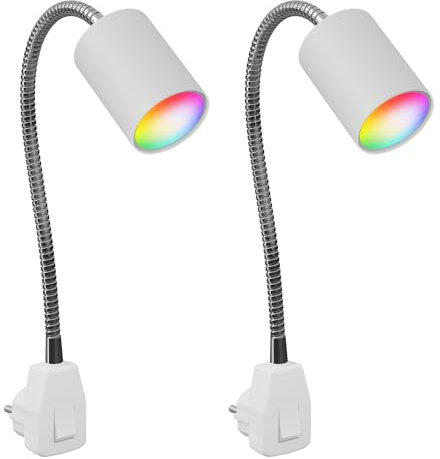 ledscom.de 2 Stück GU10 Steckdosenlampe WAIKA Schwanenhals, Schalter, weiß inkl. Smart Home RGBW GU10 LED