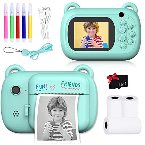 SUPBRO Kinder Digital Kamera Spielzeug Kleinkind Kamera Spielzeug Print Sofortbildkamera 2.4 Zoll HD-Bildschirm 1080P 32 GB TF-Karte Jungen Mädchen Spielzeug für 3 bis 12 Jahre alte (Dinosaurier)