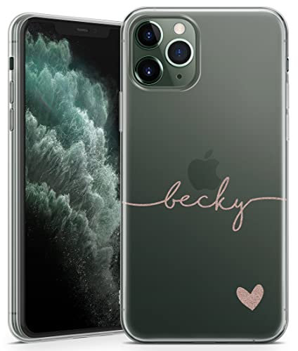 TULLUN Personalised Phone Case for iPhone 13 - Clear Soft Gel Custom Cover Horizontal Colour Name & Heart Bottom Individual Style Initials Name Text - RoseGold