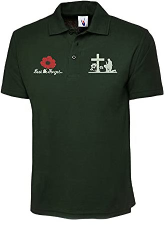 Remembrance Day Embroidered Lest We Forget Logo Polo Shirt Poppy Flower Armed Forces Day Top (Bottle Green, M, m)
