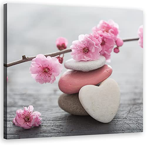 Feeby Impression sur Toile Intissee Fleurs Cailloux Zen Pierres 50x50 cm Tableau Moderne Tableau Photo Chambre à Coucher Coeur Amour Spa rose
