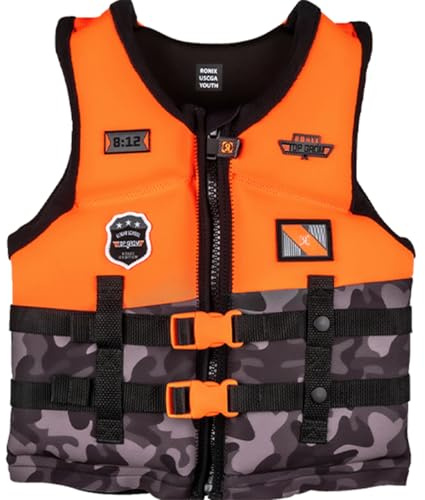 RONIX Boy's Top Grom CGA Life Vest | Durable Soft Comfortable Floaty Swimming Life Jacket for Kids with Plush Inner & Back Supportive Foam, Orange/Black Camo, Youth