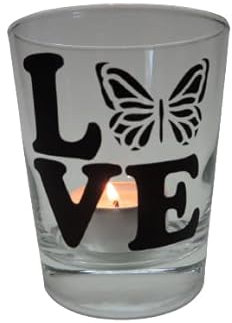 Lichtidee Teelicht Glas Windlicht Tischlicht Print mit Love Schmetterling schwarz Handmade Unikat Ostern Muttertaggeschenk, Höhe 8cm,