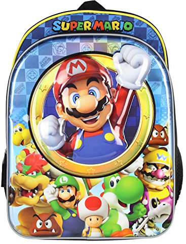Bioworld Nintendo Super Mario Bros All Over Character - Mochila iridiscente moldeada de 16 pulgadas