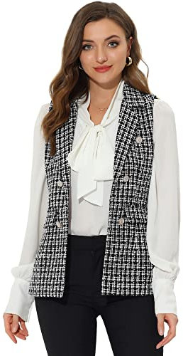 Allegra K Damen Ärmellos Kariert Tweed Revers Vorne Offen Blazer Weste Schwarz XL