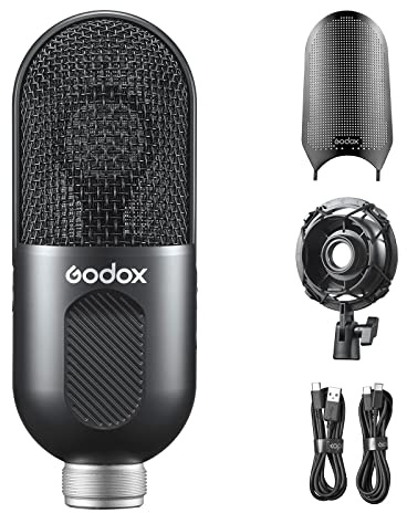 Godox UMic10 USB-Kondensatormikrofon Mini-Desktop-Aufnahmemikrofon mit EIN-Knopf-Stummschaltung, Lautstärkeregelung, Echtzeit-Überwachung, Stoßdämpfer, Pop-Filter für Computer, Smartphone
