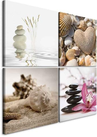 B&D XXL - Leinwandbild Set Blumen Zen Strand Steine, 80x80 cm, 4-teilig