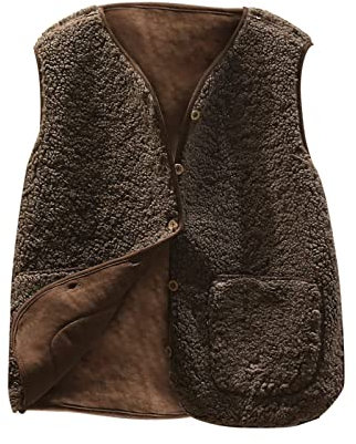 Susenstone Gilet en Molleton Polaire Doux sans Manche Coupe Classique Femme Grandes Filles Couleur Unie Blouson Mode Bouton Matelassée sans Manches Veste avec Poches Café L