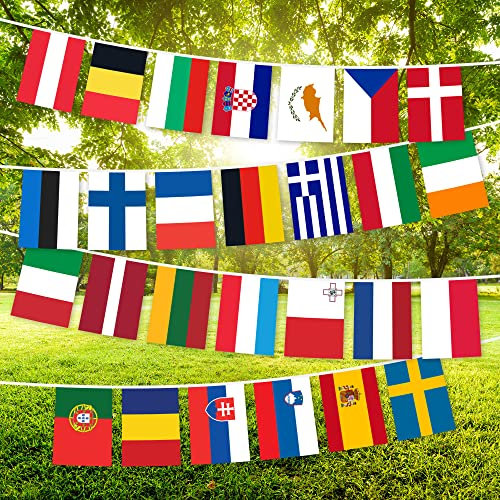 G128 Europäische Union EU EU Wimpelkette | Flagge 21,6 x 14,9 cm, volle Schnur 7,8 m | bedrucktes 150D Polyester, Dekorationen für Bar, Schule, Festival, Events Feier