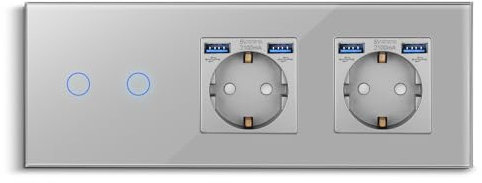 CNBINGO Interruptor de luz táctil con doble enchufe con puertos USB (tipo A 2,1 amp total) – Enchufe USB Schuko empotrado – Interruptor de pared de cristal simple en Gris – 2 vía