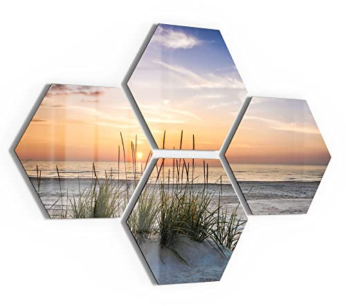 DEQORI Glasbilder Echtglas | Motiv Sonnenuntergang am Strand | sechseckig 4-teilig 100x69 cm | große XXL Deko | Wandbilder für Wohnzimmer, Schlafzimmer, Flur & Küche | moderne Wanddeko