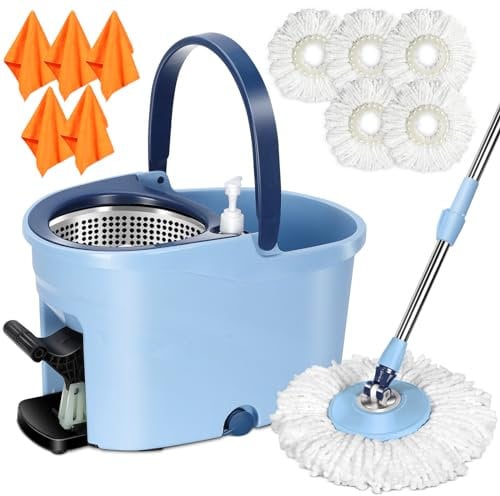 MASTERTOP Secchio e Strizzatore a Pedale in Acciaio Inox, Mocio Magica Lavapavimenti Rotante a 360° in Microfibra, 145CM con 5 Pannis (Azzurro)
