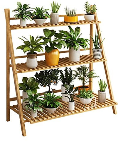 TUOENO Foldable Ladder Plant Stand, 3-Tier Bamboo Plant Rack, Flower Pots Display Ladder Shelf for Balcony, Living Room and Garden Decoration