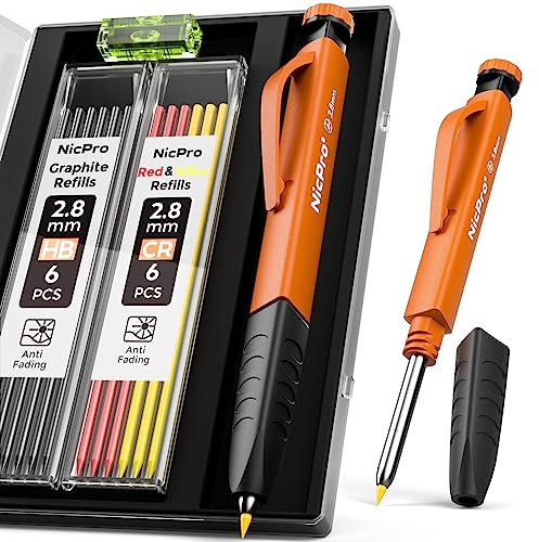 Nicpro Tischler Bleistifte Set, 1 Solide Zimmermannsbleistifte mit 13 Ersatzminen, Abnehmbaren Fingergriffe, Tieflochmarker Bleistift mit Eingebauter Spitzer für Holzbearbeitung, Baustelle mit Etui