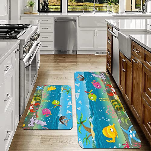 Juego de 2 alfombras de cocina,Animal Gracioso Animales marinos Bajo el agua Vista al mar Velero Pal,lavables, utensilios de cocina, alfombrilla antideslizante para cocina, comedor, 40x120 cm+40x60 cm