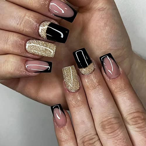 Ceboic 24 Stück Nägel Zum Aufkleben Kurz, Eckig Französische Gold Rosa Künstliche Nägel, Glossy Kunstnägel Press on Nails Acryl Stick auf Nails für Frauen und Mädchen