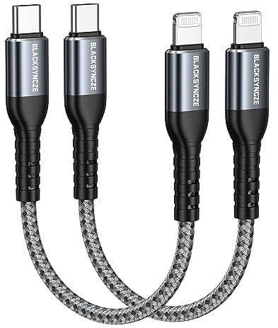 BLACKSYNCZE USB C to Lightning Cable, 2Pack 0.3M MFi Certified Short Nylon Braided PD Fast iPhone Charger Cable for iPhone 14 13 12 11 Pro Max Mini XR XS X 8 Plus 7 6s 5s, Grey