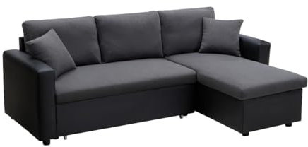 Vente-unique-Ecksofa mit Schlaffunktion GAZUR - Stoff & Kunstleder - Ecke wechselbar - Anthrazit & Schwarz
