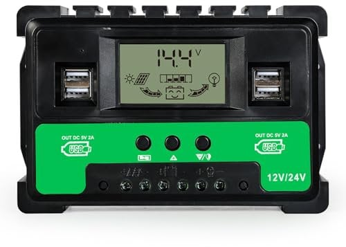 BuyWeek 60A MPPT Solar Laderegler 12V/24V Solarladeregler mit LCD-Display und 4 USB Ports MPPT Solarregler Solar Charge Controller für Blei Säure Lithium Batterien