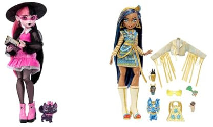 Monster High Draculaura-Puppe mit ihrem Haustier & Cleo de Nile Puppe - Königliches Outfit, Killerstiefel, Pyramidenrucksack, Zubehör, für Kinder ab 6 Jahren, HHK54