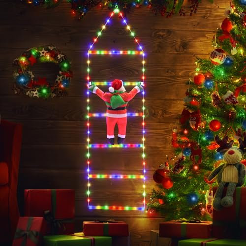 iShabao 1M Leiter Lichterkette mit Weihnachtsmann - 132 LED Weihnachtsbeleuchtung Strombetrieben mit Timer, Speicherfunktion, 8 Modi, für Innen Außen Weihnachtsbaum Weihnachten Deko (Bunt)