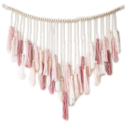 Boho Deko Makramee Wandbehang Boho Deko Gewebtes Pastoral Holz Perle Fransen Schnur gewebt Anhänger Chic Tapisserie Fransengirlande für Wohnzimmer Kinderzimmer Wohnzimmer Schlafzimmer Balkon (Rosa)