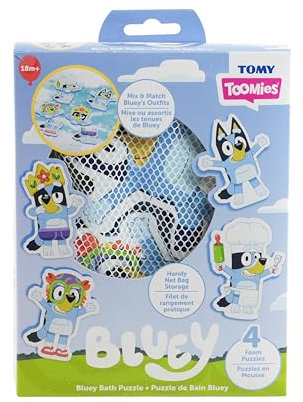 Tomy Toomies Bluey Bad-Puzzle – Mix and Match Bluey Puzzle – Schaumstoff Kleinkind Badespielzeug – Inklusive Netztasche Badespielzeug Aufbewahrung mit Saugnäpfen – 8 Stück – ab 18 Monaten