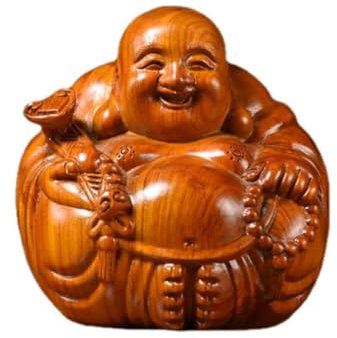 Ornamenti, ornamenti for la casa, decorazioni for la scrivania, decorazioni for la scrivania dell'ufficio, intaglio del Buddha in legno massello, ornamenti del Buddha sorridente seduto, soggiorno(16cm