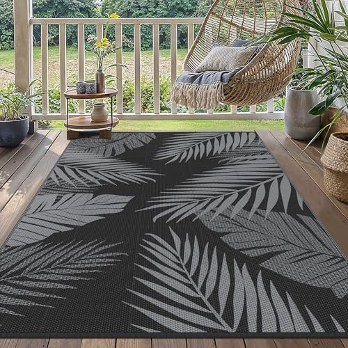 GENIMO Tappeto da Esterno Antipioggia,Tappeto Esterno Impermeabili Eeversibili Lavabili,Tappeto Per Esterno per Terrazze,Giardini,Camper,Picnic,Balcone,180x275cm,Nero & Grigio