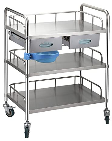 SHENJIA Medizinischer Wagen, Mehrzweckwagen aus Edelstahl, abschließbarer Krankenhauswagen mit 3 Regalen und 360° drehbaren Rädern, robuster, abschließbarer Cateringwagen