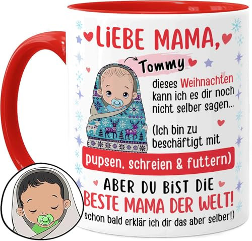 Tassenliebling® Mama Tasse personalisiert - Liebe Mama dieses Weihnachten kann es dir nicht selber sagen - Rot - Erstes Weihnachten als Mama - Geschenk für junge Mamas mit Baby