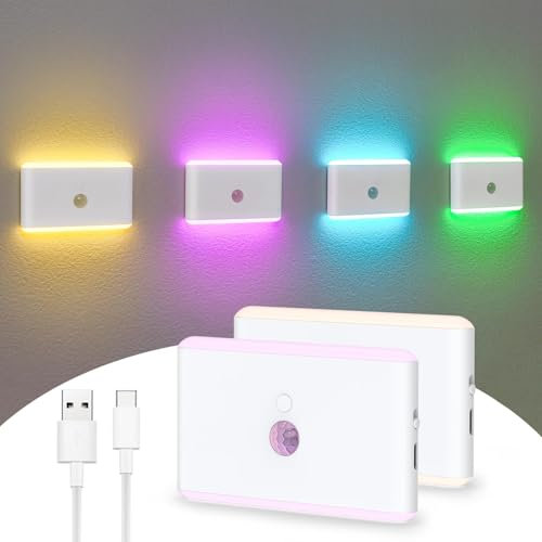 AVEKI Veilleuse détecteur de mouvement, 7 couleurs, rechargeable, capteur crépuscule-aube, lumières d'escalier variable, appliques murales petite chambre