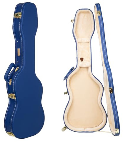 Crossrock Konturierter E-Gitarrenkoffer aus Holz für Stratocaster und Telecaster, lebendiges blaues Kunstleder, beigefarbenes Plüsch-Innenfutter, Schloss – Designer-Serie