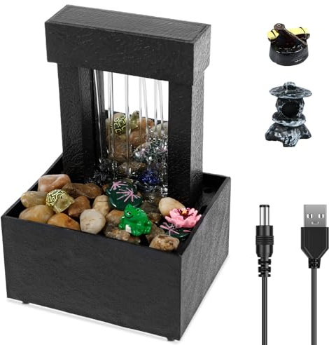 Foppla Fontaine de table avec lumière pour intérieur et bureau - Fonctionne avec piles et USB - Mini fontaine à eau - Décoration sonore - Fontaine de relaxation pour bureau et maison