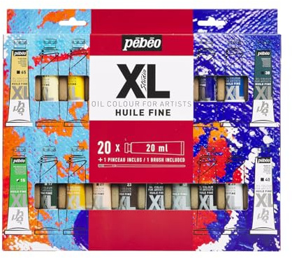 Pébéo Huile Fine XL - Coffret Peinture à l'Huile - 20 Tubes 20 ml + Pinceau - Idéal pour Artistes et Débutants