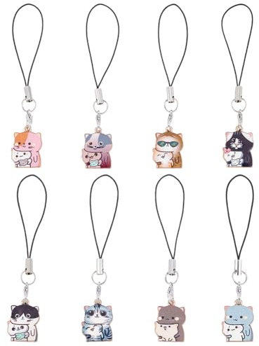 HOBBIESAY 8 Stil 16 Stück Emaille Katzen Handyanhänger 9.2cm Süße Tier Handygurte Ästhetische Handyanhänger Zubehör Für Handytasche Schlüsselanhänger Kamera Dekor