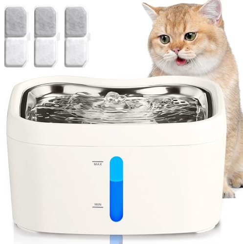 BUOAZR Fontaine a Eau Chat, 2.5L Distributeur Eau Chat pour Ultra Silencieuse avec Lumière LED, 3 Filtre à Charbon + 1 Éponges, Filtration Multiple-Plateau d'Abreuvement en INOX
