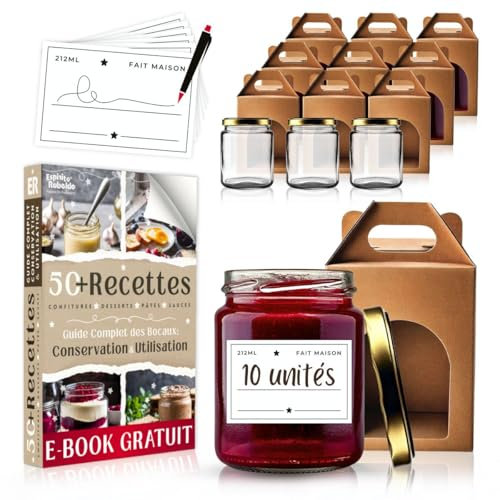 PACK 10 Bocaux en Verre 212ml + Boîtes + Étiquettes | E-BOOK OFFERT : Guide Conservation et +50 Recettes Confitures, Conserves, Desserts, Sauces | Pot à Confiture, Verrine Miel | Souvenirs Mariage