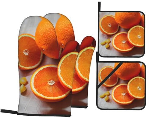 Set di 4 guanti da cucina con stampa di frutta fresca arancione e presine, resistenti al calore