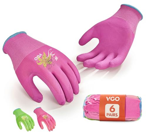 Vgo... 6 Paar Damen Gartenhandschuhe - Latex beschichtet Rutschfest, Atmungsaktiv & Langlebig für Outdoor, Bau, DIY | Maschinenwaschbar, Flexible Passform (6Paar/M/Bundle/RB6013-G)