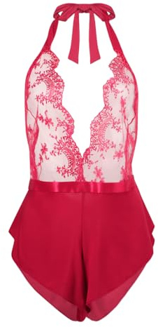 VicSec Body de Encaje para Mujer Lencería Picardias, Babydoll Bodysuit Cordones Halter sin Espalda Mini Teddy V Collar Ropa Interior Conjunto Camisón Transparente Lingerie mujer navidad xmas chrismas