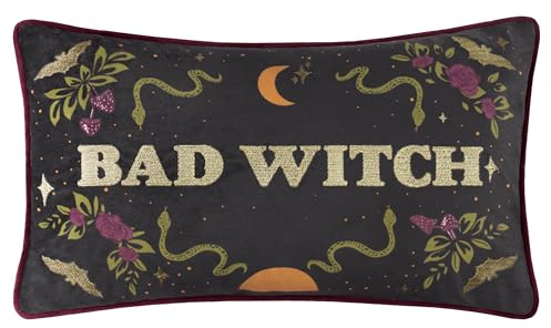 furn. Bad Witch Polyester Filled Cushion (Black - 30x50cm) | Reversible Halloween Embroidered Velvet Metallic Thread Decorative Pillow