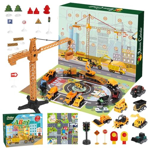 Advent Calendar 2025 Kids, Car Advent Calendar Construction Vehicles Toy Set with Game Map, 24 Days Christmas Countdown Calendar Toy Engineering Cars Gifts for Kids 3-8 Years Old