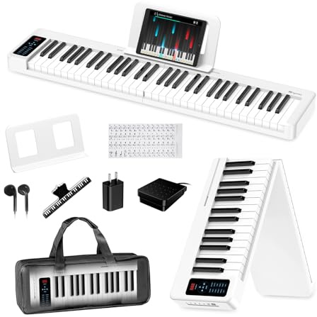 Rhymo Folding Piano Keyboard, 61 Keys Sensitive Electric Piano | Semi-Weighted Portable Electric Keyboard with Bluetooth MIDI, Digital Foldable Keyboard for Beginners(White)