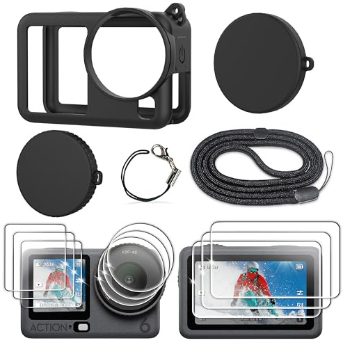 FiTSTILL Silikon-Gummi-Hülle + 3er-Set gehärtete Glasschutzfolien kompatibel mit DJI Osmo Action 6, Objektivdeckel, Displayschutzfolien und Kabel für die Hülle