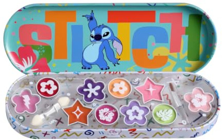 Disney Stitch Beauty Dose – Kinder Schminkset mit Lipgloss & Lidschatten | Mit 5 Lipglossen, 5 Lidschattenfarben & Applikator – kompakte Schminkdose im Stitch-Design für kreative Beauty-Looks