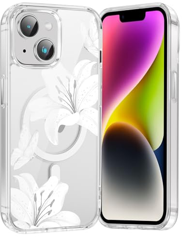 Vxinvnoi Coque Magnétique pour iPhone 14/iPhone 13, Aesthetic Fleur Lys Floral Papillon Motif Design Transparente Housse Étui Compatible avec MagSafe, TPU Silicone Cover pour iPhone 13 6,1'' - Blanc