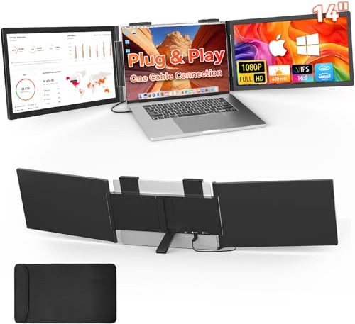 HotYeah Prolunga dello schermo del computer portatile, cavo di collegamento (Windows e Mac), doppio monitor portatile 1080p da 14 pollici, USB-C HDMI wireless, schermo da viaggio esteso triplo schermo