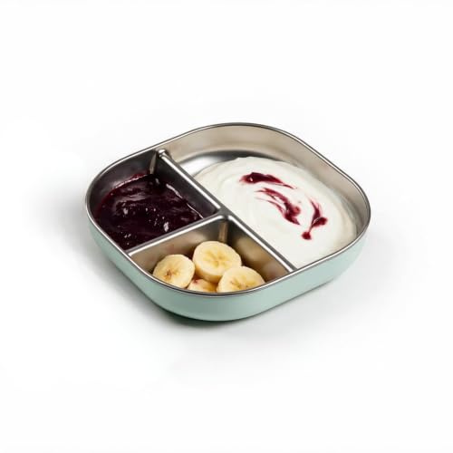 BÉABA, Piatto Per Bambini Diviso In Acciaio Inox Adatto Al Microonde, Antiscivolo Con Rivestimento In Silicone, Infrangibile, Bordi Alti Ergonomici, Lavabile In Lavastoviglie, Verde Grigiastro